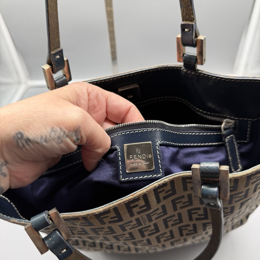 Fendi Zucca FF Monogram Tote Bag Blue Leather Trim Italy W/ COA & Dustbag Vtg - Picture 5 of 13